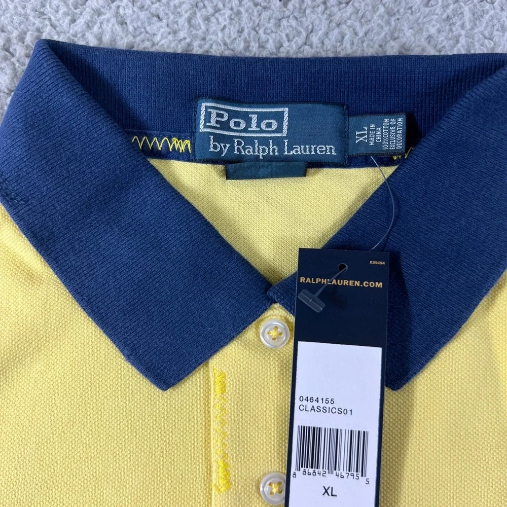 Polo Ralph Lauren Polo Shirt Mens XL Yellow Navy Big Pony Custom Fit Vintage NWT